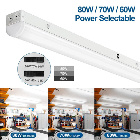 8ft LED Shop Light Fixtures With 60 70 80W Total, Selectable 3500K 4000K 5000K Color Temp, garage and warehouse use