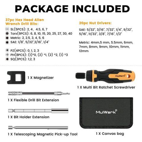 63 Piece Magnetic Ratcheting Screwdriver Bit Set With Multibit Driver Includes Slotted Torx Hex Pozi Philips Square Bits 20 SAE And Metric Nut Drivers Flexible Extension And Bit Holder Ideal For Home DIY Projects package contents display