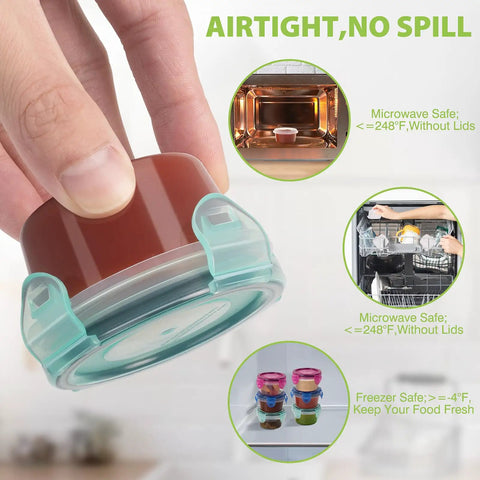 Close-up of 6 Pack 2.7 Oz Condiment Container with Leakproof Lid, shown in hand, microwave, dishwasher, and freezer use visuals displayed.