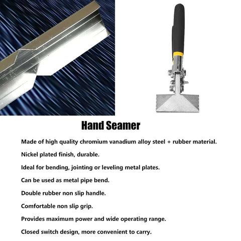 Close-up of heavy duty hand seamer pliers for plate metals and conduits, featuring a vanadium steel body and non-slip rubber handles.