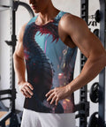 Men's Quick Dry Workout Tank Top With Dope Mechanical Dragon Print Sleeveless Athletic Tee Built For Heavy Gym Grinds And Heatwave Vibes Lightweight Moisture Wicking Black on a muscular model in a gym.
