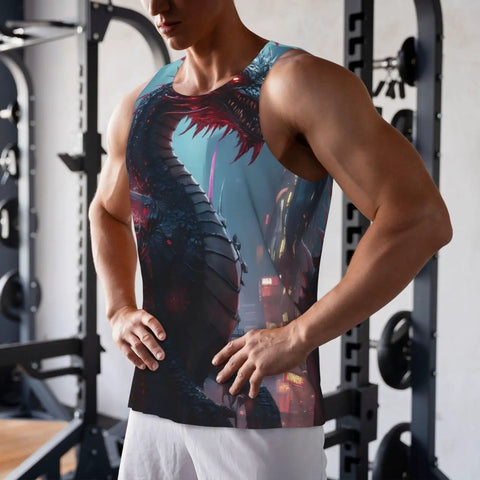 Men's Quick Dry Workout Tank Top With Dope Mechanical Dragon Print Sleeveless Athletic Tee Built For Heavy Gym Grinds And Heatwave Vibes Lightweight Moisture Wicking Black on a muscular model in a gym.