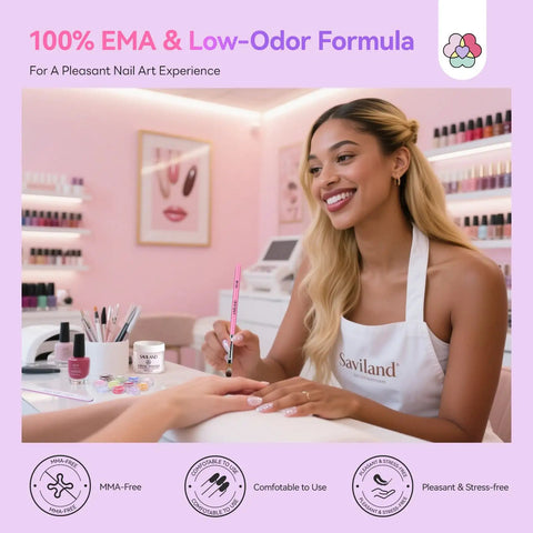 Smiling cosmetologist using All In One Acrylic Nail Kit For Beginners 2026 Hema Free Bio Based System on client's nails.