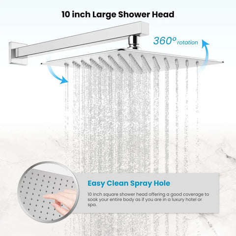 Rainfall Shower System With 10 Inch Square Shower Head And Handheld Spray, High Pressure Chrome Faucet Set, Easy Install