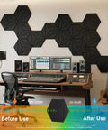 12 Pack Hexagon Acoustic Foam Panels Wall Mounted Self Adhesive Sound Proof Noise Reducing studio decor black panels in a recording studio.