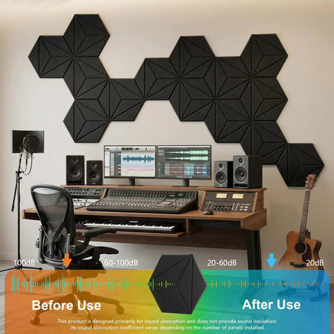 12 Pack Hexagon Acoustic Foam Panels Wall Mounted Self Adhesive Sound Proof Noise Reducing studio decor black panels in a recording studio.