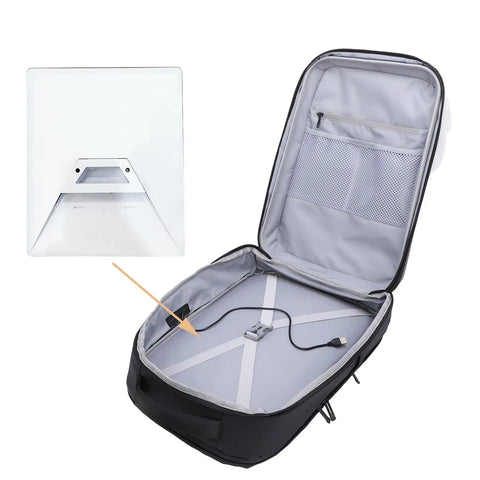 Open Ultra Compact Satellite Travel Backpack with USB Charging Port showing custom molded compartments for dish, router, cables.