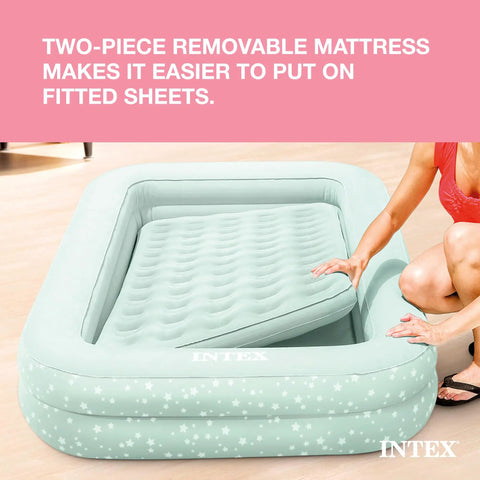Kids Travel Air Mattress With Raised Sides And Hand Pump Portable Blow Up Bed For Sleepovers Naps And Travel Plush Surface Double Support Star Print Perfect For Ages 3 To 6 with removable inner mattress