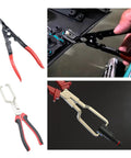 Sixteen Piece Hose Clamp Pliers Set for Automotive Repair with flexible, angled flat band and swivel jaw