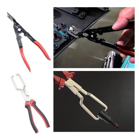 Sixteen Piece Hose Clamp Pliers Set for Automotive Repair with flexible, angled flat band and swivel jaw