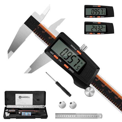 Digital Caliper 6 Inch With Large LCD Screen Auto Off Inch Millimeter Conversion Stainless Steel Vernier Caliper set displayed.