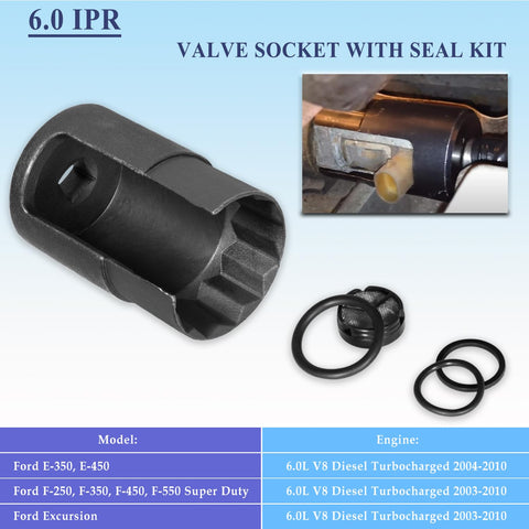 6.0L IPR Valve Socket Kit And Oil Rail Adapters Set For Ford 6.0L Powerstroke Diesel Engine High Pressure Oil Pump IPR Valve Air Test Fittings With Seal Kit 8 Pack, includes black valve socket and rubber seals