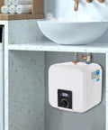 Under Counter Instant Electric Water Heater 1500 Watt Rapid Heat Small Tank Faucet Installation For Kitchen Sink And Bath Quick Warm Flow Smooth Top Shelf Finish mounted under sink with digital control and faucet connection.