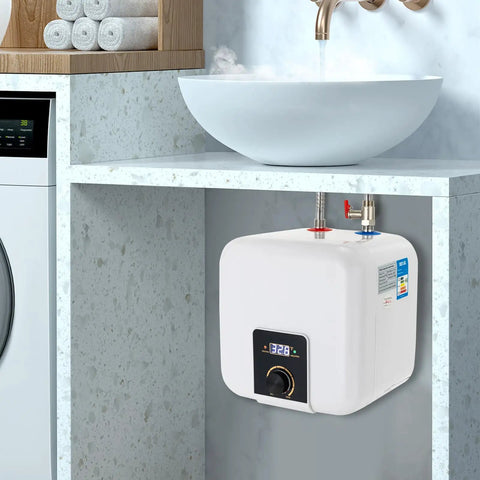Under Counter Instant Electric Water Heater 1500 Watt Rapid Heat Small Tank Faucet Installation For Kitchen Sink And Bath Quick Warm Flow Smooth Top Shelf Finish mounted under sink with digital control and faucet connection.