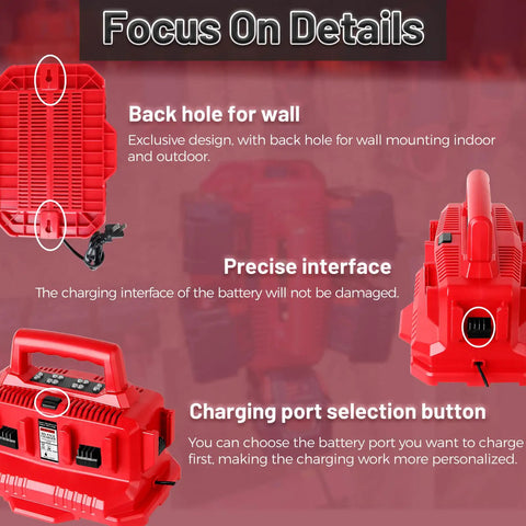 Close-up of Six Port 18V Battery Charger Station for M18 Tools with wall mount, power select button, and charging interface details.