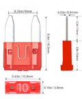 Prime Choice Mini Blade Fuse Assortment Kit Arrives Loaded With A Sturdy Puller And Packs 100 Badass Auto Car Fuses Covering 3 To 40 Amps To Keep Your Rig Rolling Smooth Across Every Haul. Close-up of a 10 amp red mini blade fuse with dimensions displayed.