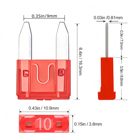 Prime Choice Mini Blade Fuse Assortment Kit Arrives Loaded With A Sturdy Puller And Packs 100 Badass Auto Car Fuses Covering 3 To 40 Amps To Keep Your Rig Rolling Smooth Across Every Haul. Close-up of a 10 amp red mini blade fuse with dimensions displayed.