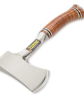 Sportsmans Axe 14 Inch USA Made Camping Hatchet With Forged Steel Blade And Genuine Leather Grip on white background