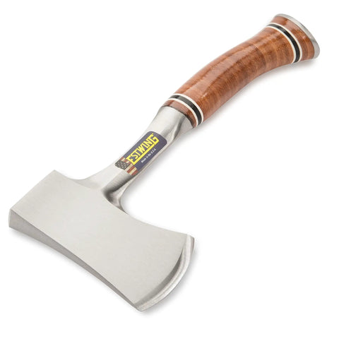 Sportsmans Axe 14 Inch USA Made Camping Hatchet With Forged Steel Blade And Genuine Leather Grip on white background