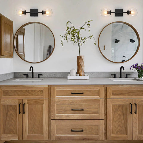 Bathroom with Black Double Wall Sconce Vanity Light with Two White Glass Globes Mid Century Modern Globe Lighting for Bathrooms