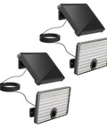 Solar Motion Sensor Lights Outdoor 2 Pack IP65 Waterproof Dusk To Dawn Security Flood Lights With 3 Modes Dim Idle And Full Bright On Motion 40ft Range 120 Degree Coverage For Door Patio Garden Shed Garage displaying dual solar panels and floodlight units, wiring visible. Product focus keyword use