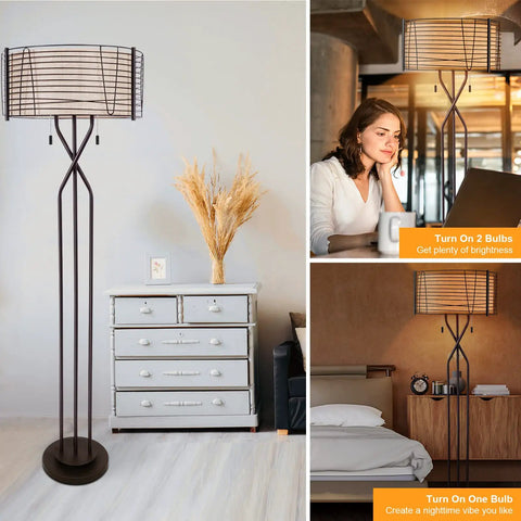 Industrial Farmhouse Floor Lamp With Double Drum Shade 65 Inch Tall Rustic Bronze Woven Iron Metal Burlap Shade Mid Century Modern Reading Light For Living Room Vibes Bedroom And Office in modern settings