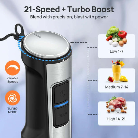 Handheld Immersion Blender With Robust 1100 Watt Motor And 21 Speed Settings Plus Turbo Mode showing variable speed controls.