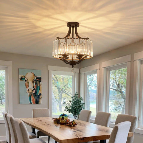 Modern Crystal Chandelier Four Lights Black Semi Flush Mount Ceiling Light Fixture in dining room with E12 LED bulbs
