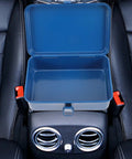 Classic Vintage Blue Metal Toolbox And Portable Tool Organizer For Auto Repair Job Site Storage Home Fix Ups Heavy Duty Rolling Gear Rack With Badass Grip Latches open in a car's center console.