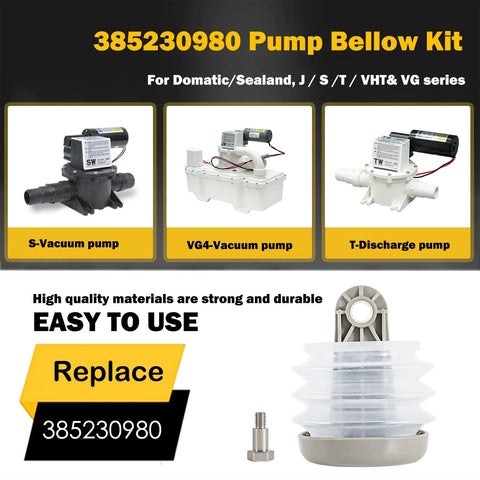 385230980 Pump Bellows Kit for Domatic/Sealand vacuum pumps, includes bellows assembly and bolt