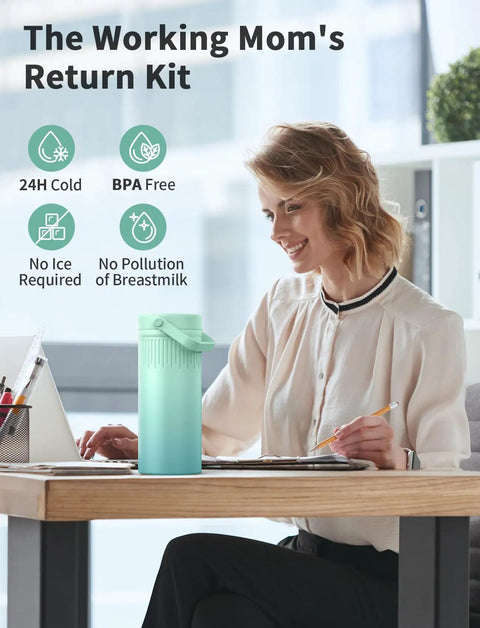 22 Oz Double Wall Insulated Stainless Steel Breast Milk Cooler Bottle For Nurses Keep It Chill Straight Up Fresher Formula Portable Travel Nursing Storage Flask on desk with woman typing.