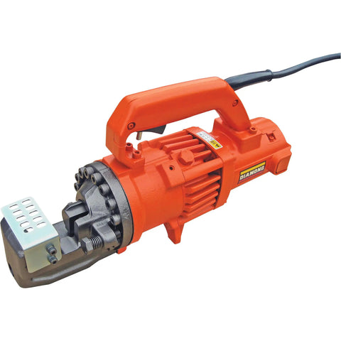 Portable Electric Hydraulic Rebar Cutter Cuts 3/4 Inch Grade 60 Rod In Seconds Heavy Duty Steel Reinforcing Bar Tool For Contractors Fast Clean Cuts DC-20WH Series side view of orange electric cutter