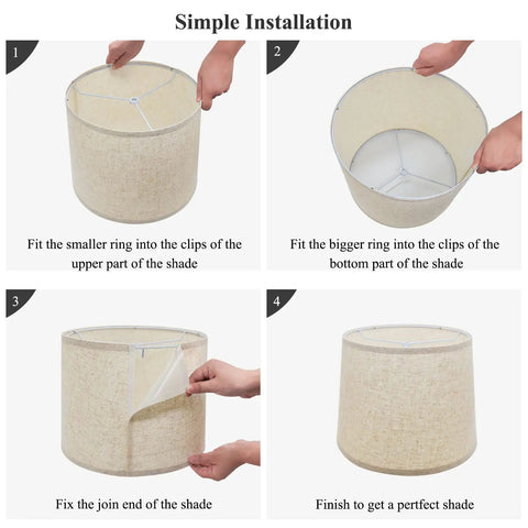 Two Pack Drum Lamp Shades Natural Beige Linen, Medium Size 11.6 In Top, 12.6 In Bottom, 9.8 In High, Spider Fitter installation guide