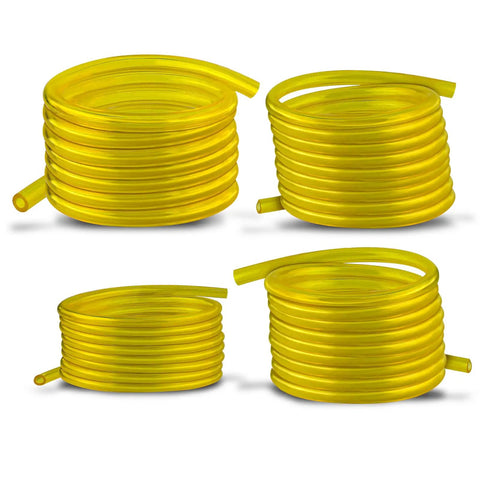 Fuel Line Hose Kit For Small Engine Tools, Twenty Feet Total, Four 5 Foot Sections In Four Sizes, coiled yellow tubing