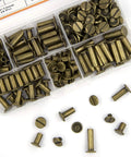 Premium Chicago Screw Assortment Kit Brass Leather Binding Posts Heavy Duty Hardware Fasteners in various sizes laid out.