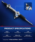 Hydraulic Power Steering Rack And Pinion For Toyota Tacoma 1998 1999 2000 2001 2002 2003 2004 2.4L 3.4L RWD Replacement 971611 Drop In Fit And Easy Install For Smooth Steering Upgrade, front view with specifications