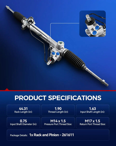 Hydraulic Power Steering Rack And Pinion For Toyota Tacoma 1998 1999 2000 2001 2002 2003 2004 2.4L 3.4L RWD Replacement 971611 Drop In Fit And Easy Install For Smooth Steering Upgrade, front view with specifications