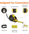 Image showing Self Locking Tape Measure 25 Ft Two Pack With Dual Inch And Metric Scales MID Accuracy, highlighting features like belt clip, self-locking mechanism, and ruler hook.