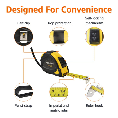 Image showing Self Locking Tape Measure 25 Ft Two Pack With Dual Inch And Metric Scales MID Accuracy, highlighting features like belt clip, self-locking mechanism, and ruler hook.