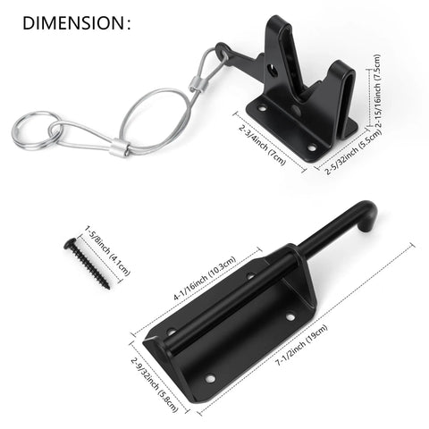Tough As Nails Heavy Duty Gate Latch With Cable Pull For Wooden Fence, black steel design with dimensions for secure locking.