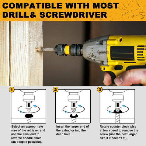 Using 6-Piece Damaged Screw Extractor Set For Stripped, Rusty, And Broken Screws And Bolts with a drill on wood