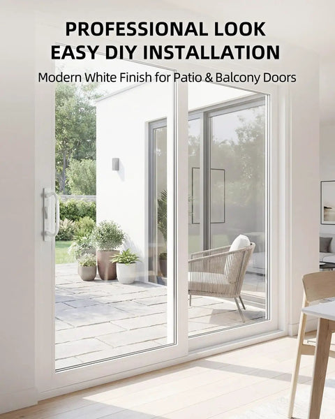 Keyed Sliding Patio Door Handleset With Off Center Thumb Latch And 45 Degree Keyway installed on a white patio door.
