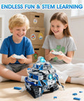 Children playing with 6 In 1 STEM Robot Building Kit With 780 Pieces, App And Remote Control Space Robot Toys For Kids Ages 8 To 14.
