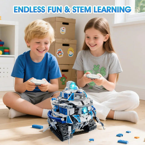 Children playing with 6 In 1 STEM Robot Building Kit With 780 Pieces, App And Remote Control Space Robot Toys For Kids Ages 8 To 14.