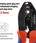 Pro Grade All-In-One Ratcheting Spark Plug Wire Crimp Tool Kit For 8.0-8.5mm Wires shown with crimp sections labeled.