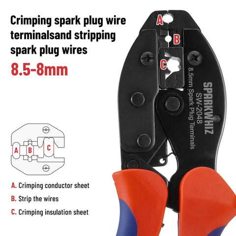 Pro Grade All-In-One Ratcheting Spark Plug Wire Crimp Tool Kit For 8.0-8.5mm Wires shown with crimp sections labeled.