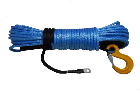 Coiled blue Beefy UHMWPE winch rope with G80 forged hook and tube thimble, pre-stretched and heat set, 1/2in x 100ft.