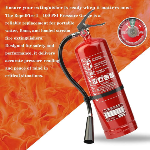 Kickass Heavy Duty Brass And Stainless Steel Water Fire Extinguisher Pressure Gauge With Bright Green Safety Zone Dial Rated One To 100 PSI Plus Slick Waterproof Tape For Straight Up Reliable Safety Gear Replacement on a fire extinguisher