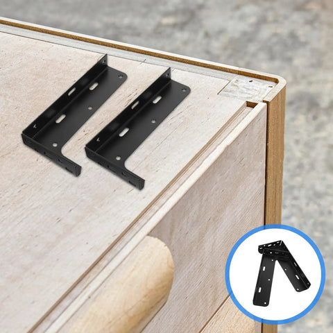 Beefy Heavy Duty L Shelf Brackets Wall Mounted for Shelves and Cabinets Black Steel Beams on wooden cabinet corner