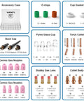 68 Piece TIG Welding Torch Stubby Gas Lens Accessories Kit for WP 17 18 26 Ideal For Weekend Warriors And Pros Alike displayed with glass cups, O-rings, and ceramic nozzles.